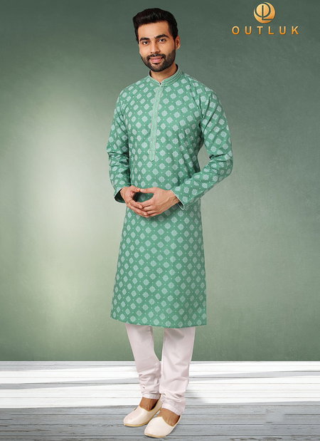 Sea Green Colour Outluk Vol 43 New Exclusive Wear Pure Cotton With Digital Print Kurta Pajama Mens Collection 43008